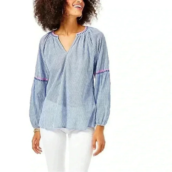Lilly Pulitzer Women’s S Taelynn Top Coastal Blue Lightweight Oxford Stripe- NWT - Picture 1 of 14